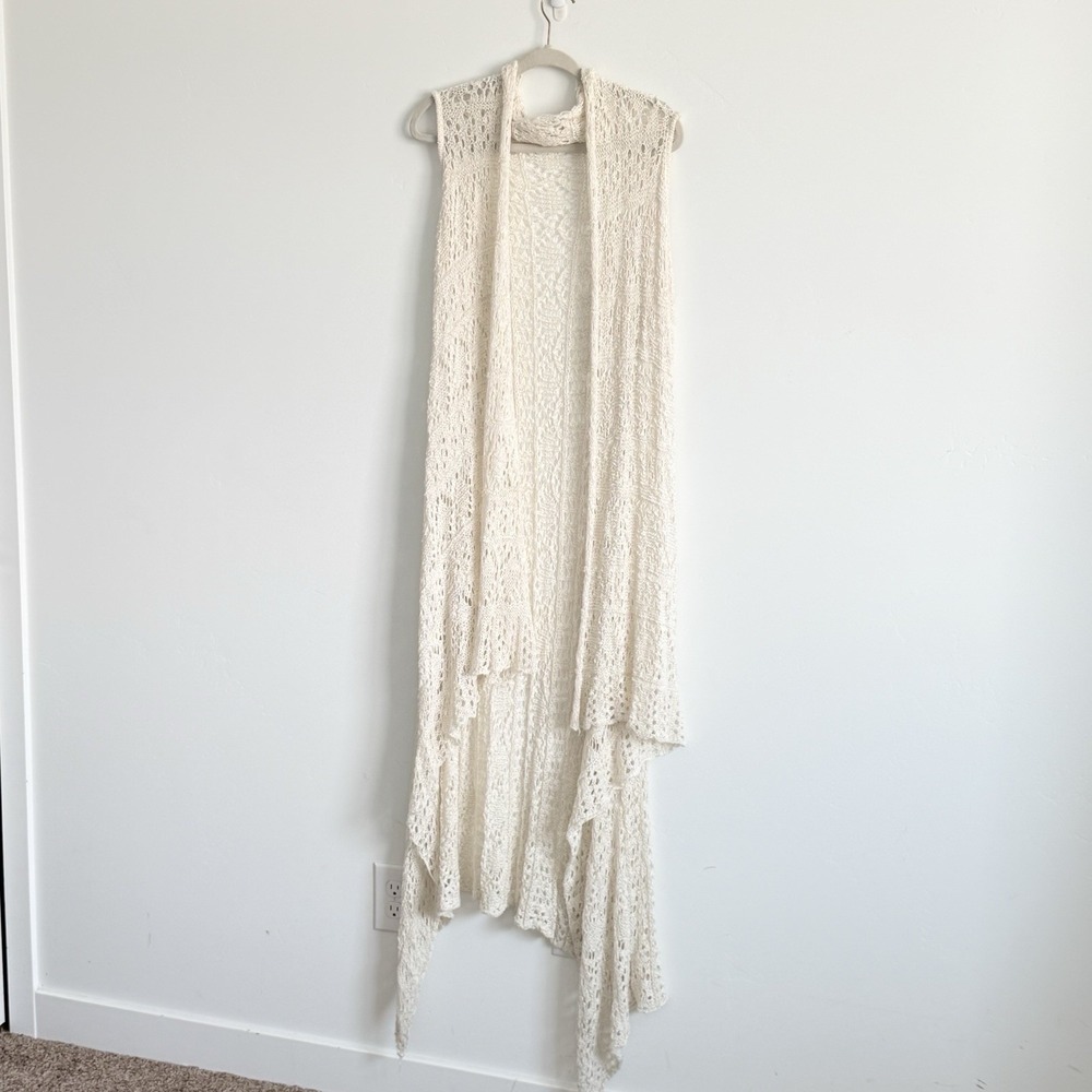 Cream Crochet Duster Cardigan Boho Open Knit Vest Floor Length Coastal Cowgirl